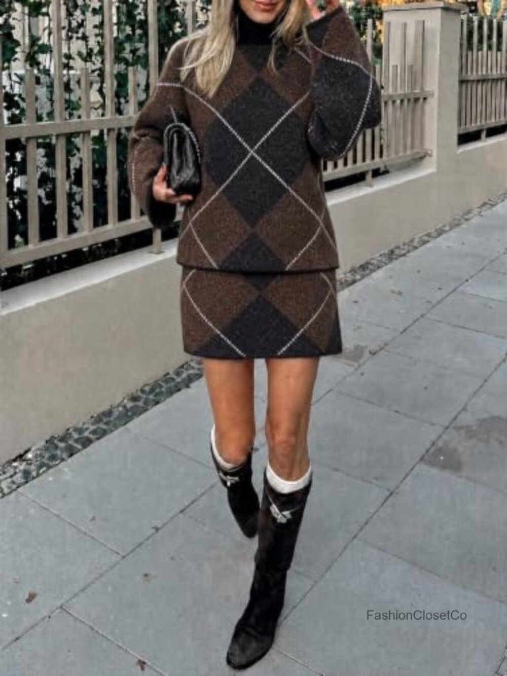Argyle Sweater Skirt Set 2 Piece Plaid Knit Turtleneck Mini Skirt Outfit - Picture 3 of 5